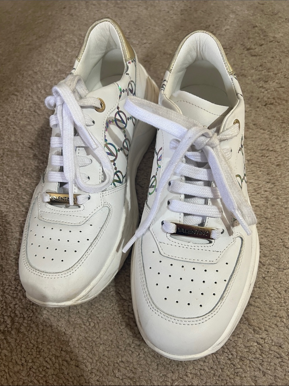 Valentino White Leather Sneakers with Multicolor Logo Detail and Gold Accents